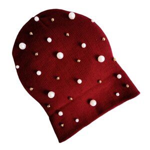 New Women's Embellished Beanie Beaded Knit Burgundy Cap One Size